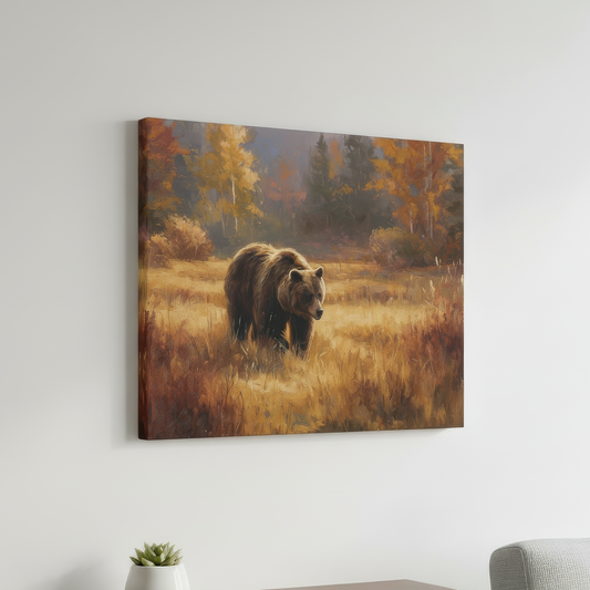 Canvas print of a bear in a field hanging on a wall above a wooden shelf with a plant and a gray chair.