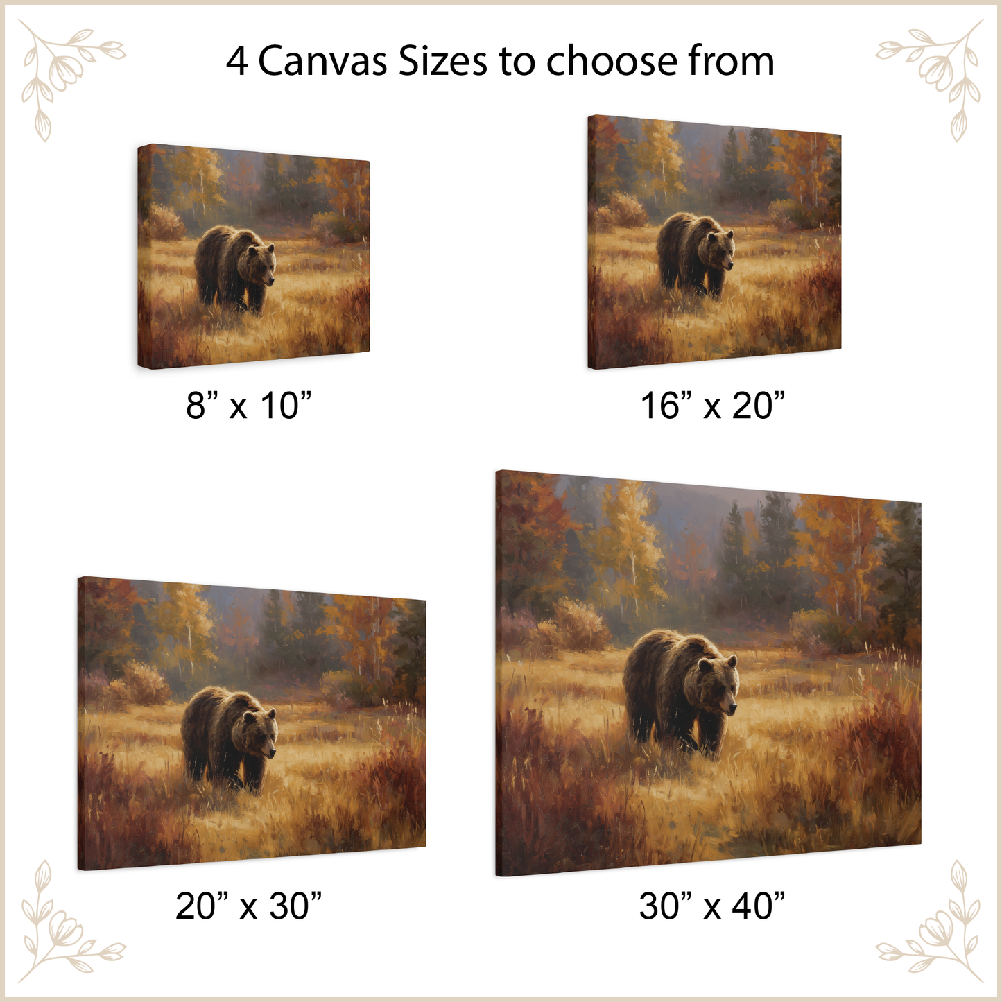 Canvas prints of bears in a forest with available sizes displayed.