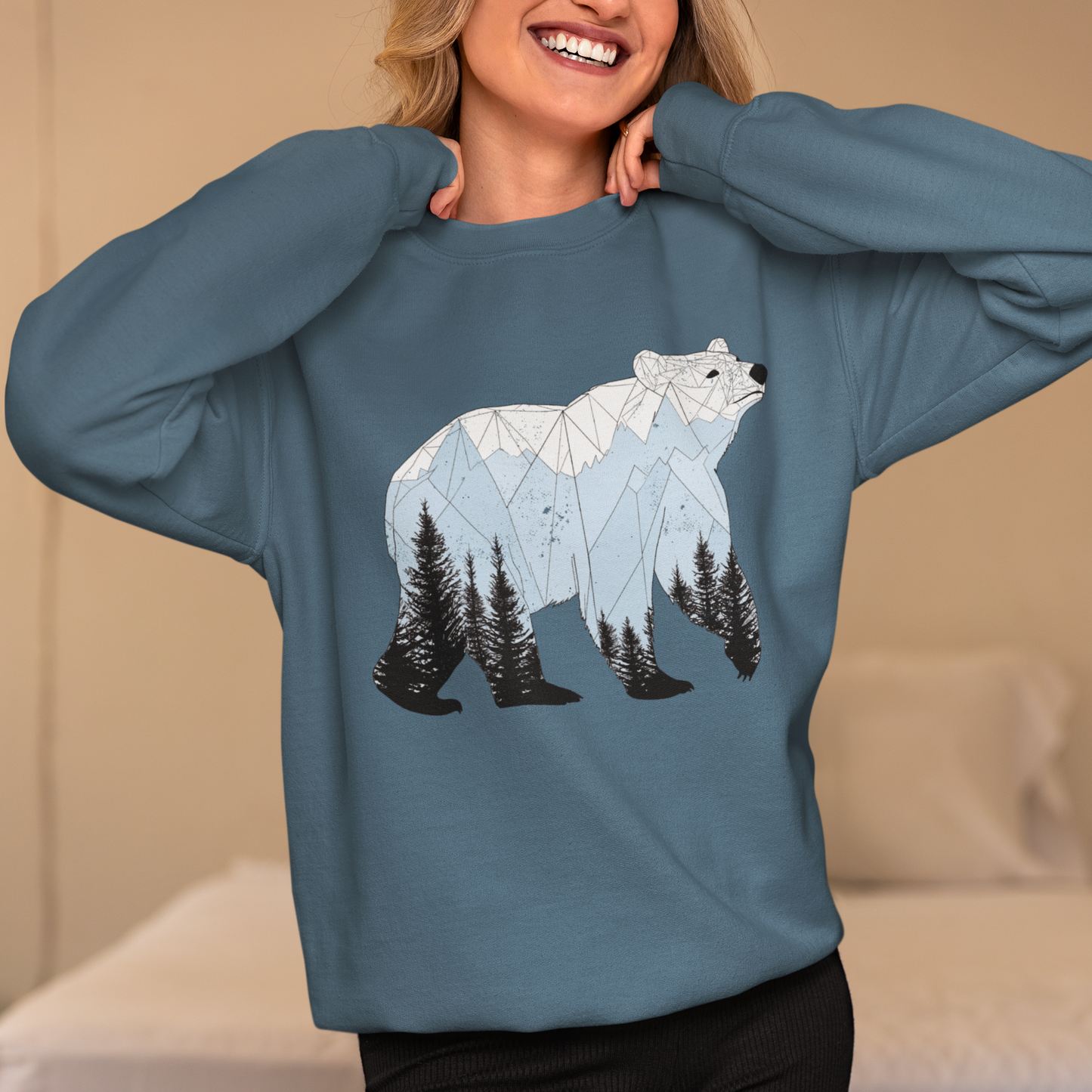 Geometric Bear Sweatshirt, Nature-Inspired Crewneck, Mountain Pine Tree Art Sweater, Winter Cozy Jumper, Unique Gift for Nature Lovers