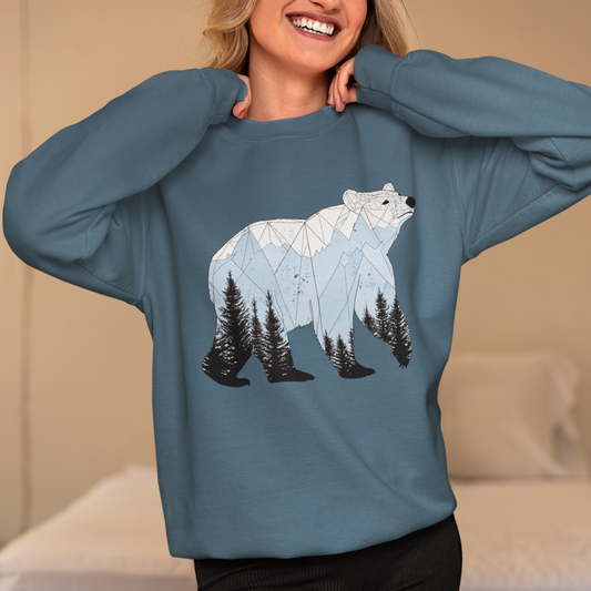 Geometric Bear Sweatshirt, Nature-Inspired Crewneck, Mountain Pine Tree Art Sweater, Winter Cozy Jumper, Unique Gift for Nature Lovers