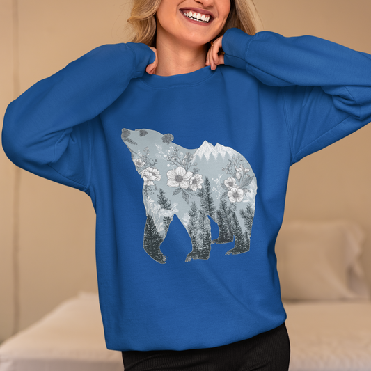 Bear Silhouette Mountain Landscape Crewneck Sweatshirt, Wilderness & Botanical Nature Design, Outdoor Adventure Gift, Winter Hiking Apparel