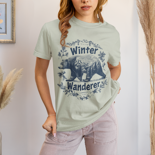 Comfort Colors Winter Wanderer Bear Shirt, Mountain Landscape Graphic Tee, Outdoor Adventurer Shirt, Cozy Winter Vibes Cute Bear Top