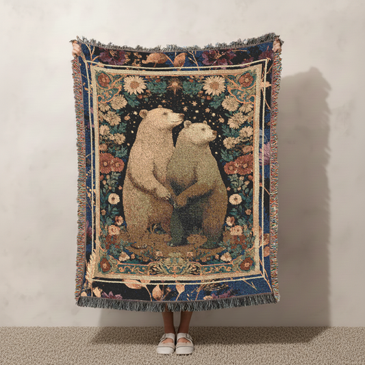 Bear Woven Blanket, Celestial Tapestry, Romantic Cottagecore Jacquard Throw, Starry Night Wall Art, Valentine's Day Dark Academia Gift