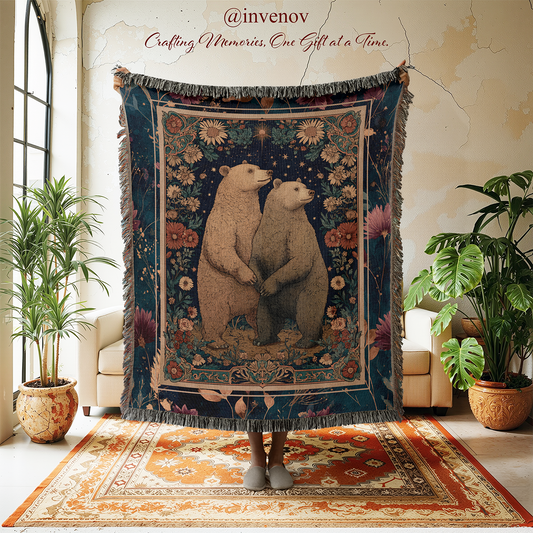 Decorative tapestry with two bears holding hands on a wall in a room with plants and furniture.