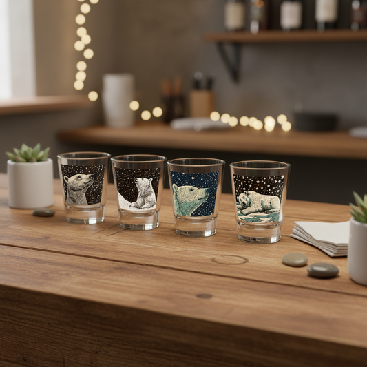 Shot Glass Set, Set of 4 Polar Bear Shot Glasses, Nature Inspired Drinkware, Christmas Gift, Wildlife Enthusiasts, Wintery Charm