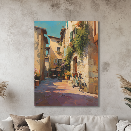 Romantic Mediterranean Alleyway Scene Canvas Print, Vintage Style Bicycle Artwork, Rustic Stone Buildings, Warm Sunlit Street Decor
