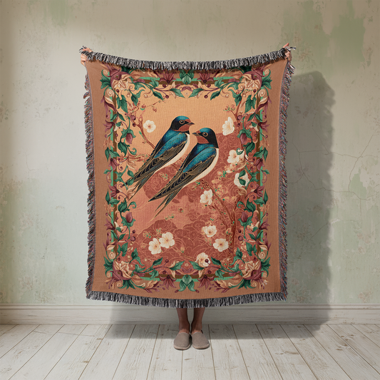 Swallow Bird Woven Blanket, Vintage Tapestry, Romantic Cottagecore Jacquard Throw, Art Nouveau Wall Hanging, Valentine's Day Lovers Gift