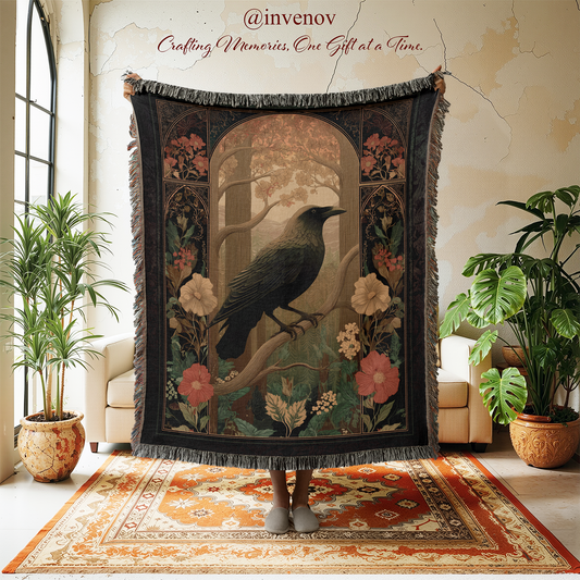 Decorative throw blanket with a bird and floral design in a room with plants and furniture.