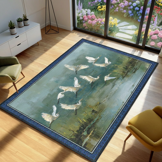 Decorative rug with bird design on a wooden floor, with a view of a garden through a window.