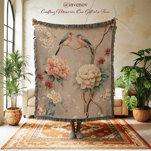 Decorative wall hanging with floral and bird design in a room with plants and furniture.