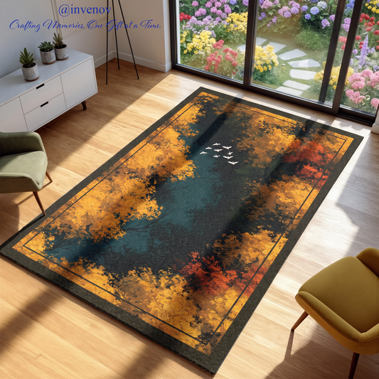 A rectangular area rug with an autumn forest pattern in orange, yellow, red, and dark blue tones, shown on a light wood floor in a modern living room setting.