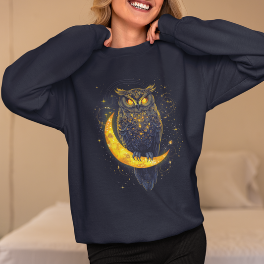 Celestial Owl Sweatshirt, Cosmic Moon Owl Shirt, Mystical Galaxy Jumper, Astronomy Bird Pullover, Unique Artistic Sweater, Cosmic Graphic