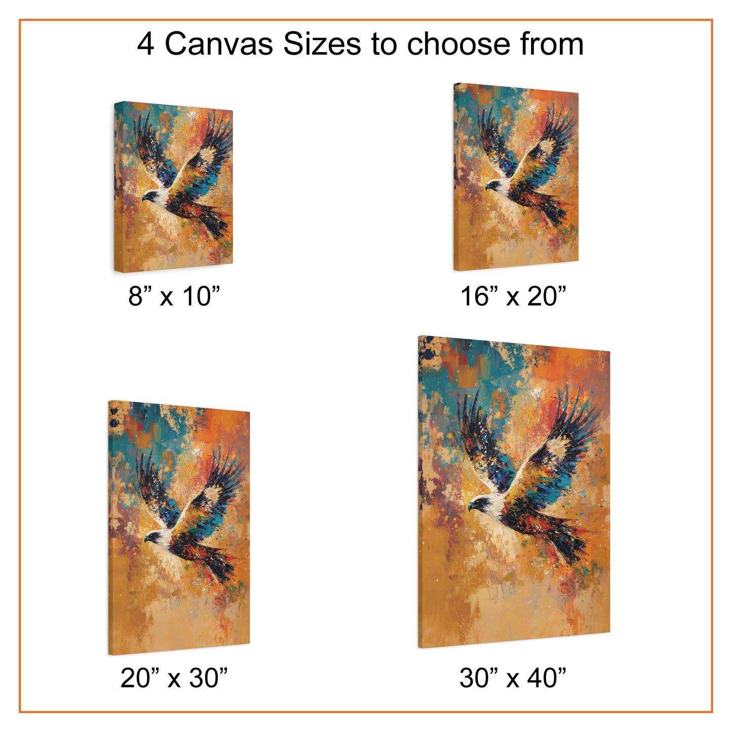 Canvas prints of an eagle in flight with available sizes displayed.