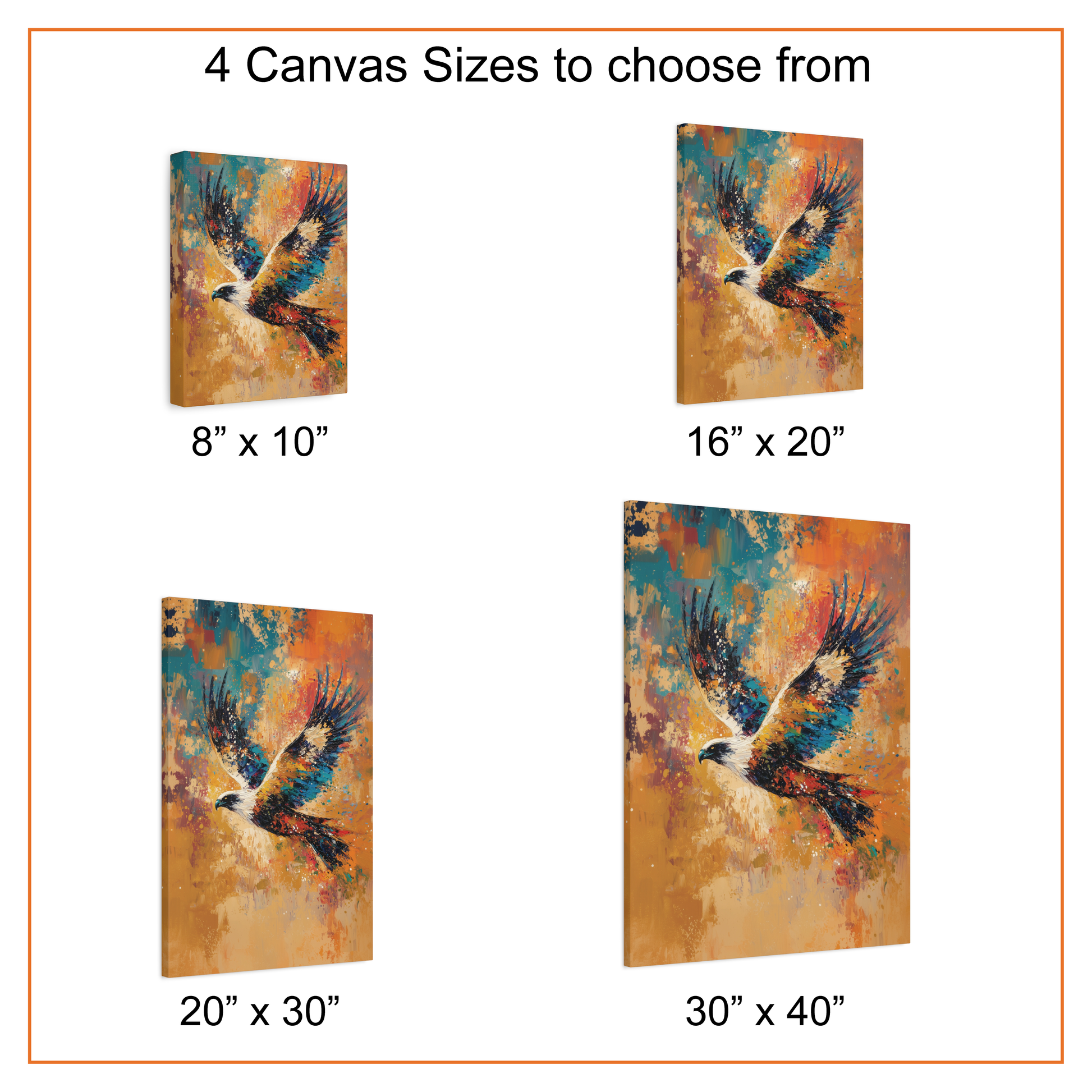 Canvas prints of an eagle in flight with available sizes displayed.