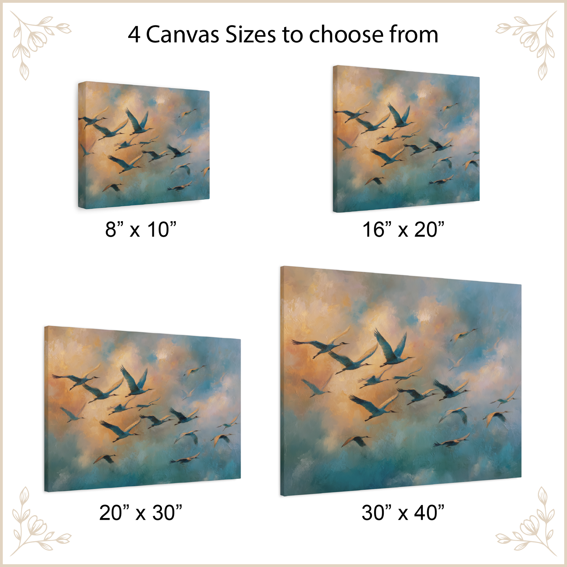 Canvas wall art with flying birds in a sky setting, showing four different sizes.