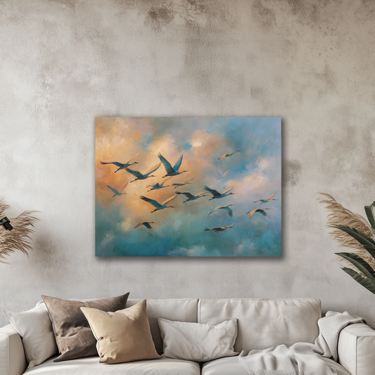Birds in Flight Canvas Print Wall Art, Oil Painting Style, Sunrise Sunset and Birds Wall Art, Wall Art Decor, Living Room Decoration
