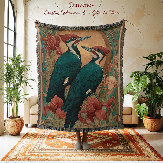 Decorative throw blanket with bird design in a room with plants and furniture.