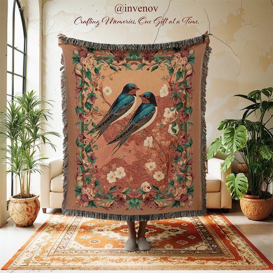 Decorative throw blanket with bird design in a room with plants and furniture.