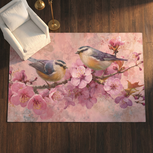 Bird and Cherry Blossom Area Rug, Pink Chinoiserie Decor, Romantic Bird Carpet, Pastel Cottagecore Art, Bird Lover Gift