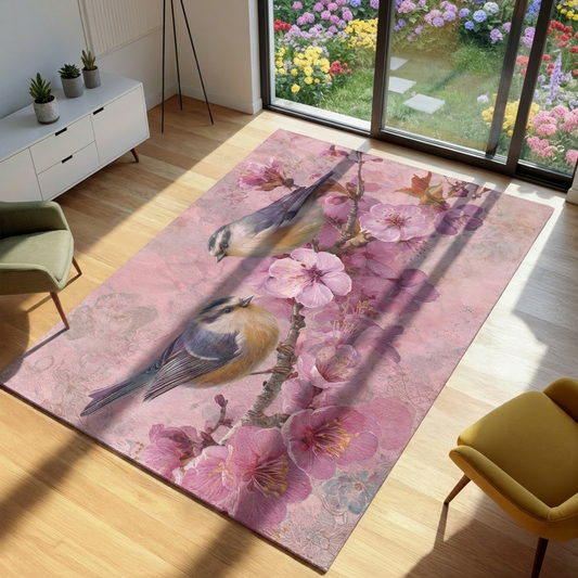 Cherry Blossom Bird Area Rug, Pink Botanical Sakura Carpet, Songbird Floor Mat, Cottagecore Home Decor, Floral Living Room Art Rug