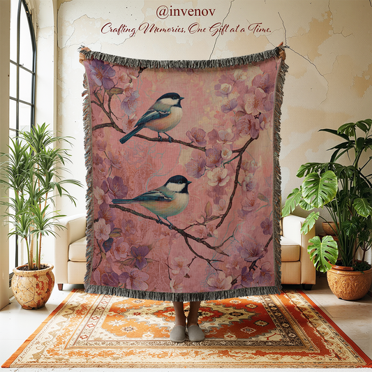Decorative blanket with bird and floral design in a room with plants and furniture.