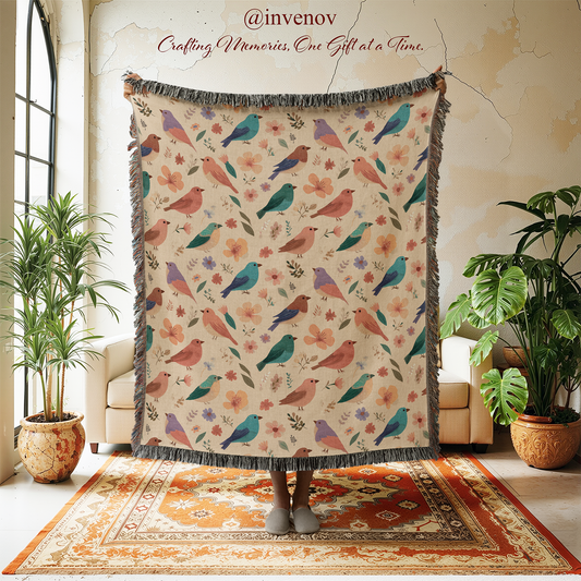 Vintage Style Bird Flower Woven Blanket, Colorful Bird Tapestry Throw, Cottagecore Spring Decor, Wildflower Nature Lover Nursery Bedding