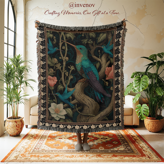 Decorative blanket with bird design held by a person in a room with plants and furniture.