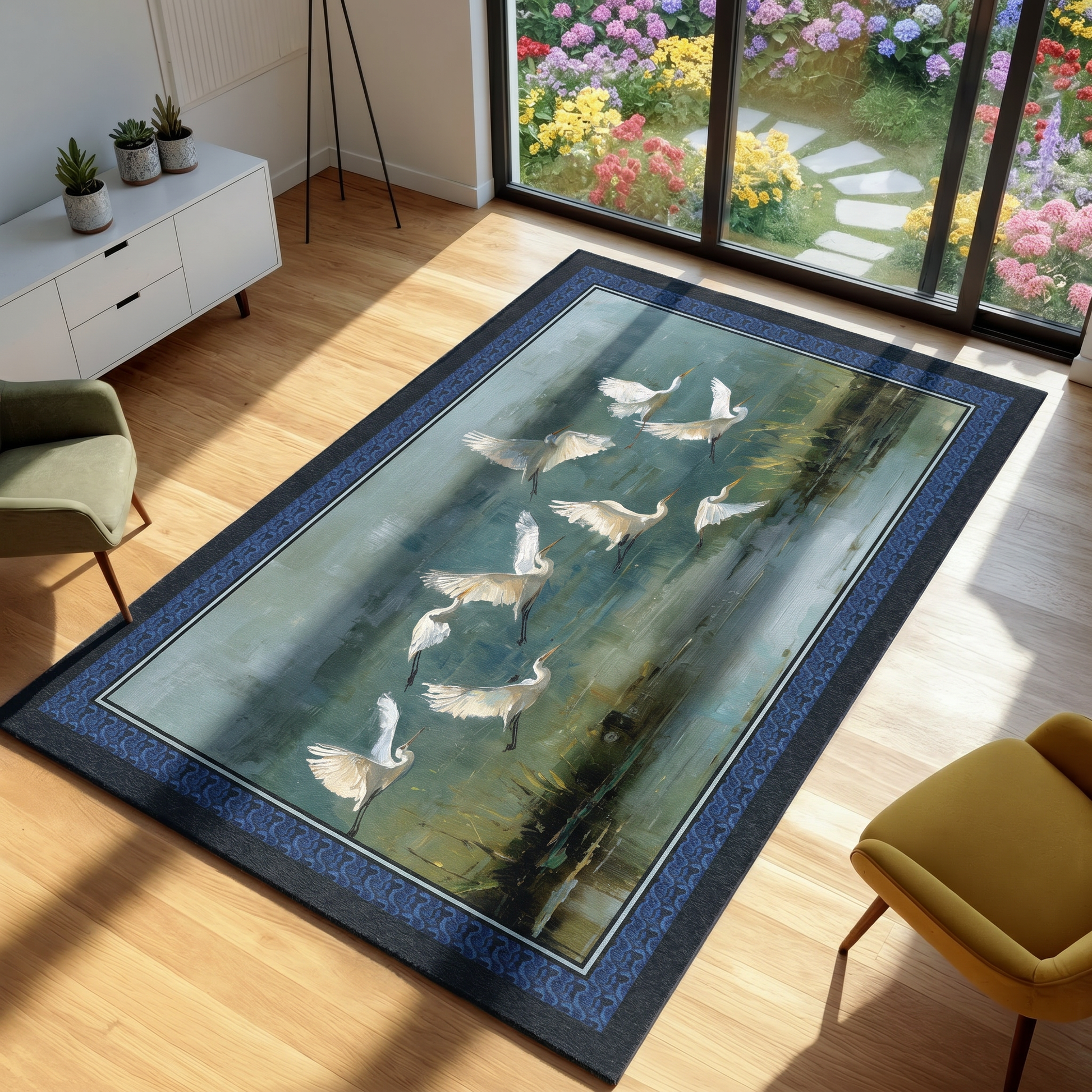 Decorative rug with bird design on a wooden floor in a room with a garden view.