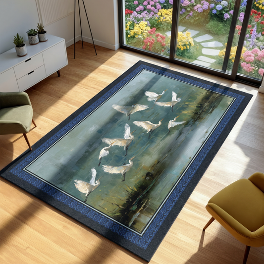 Decorative rug with bird design on a wooden floor in a room with a garden view.