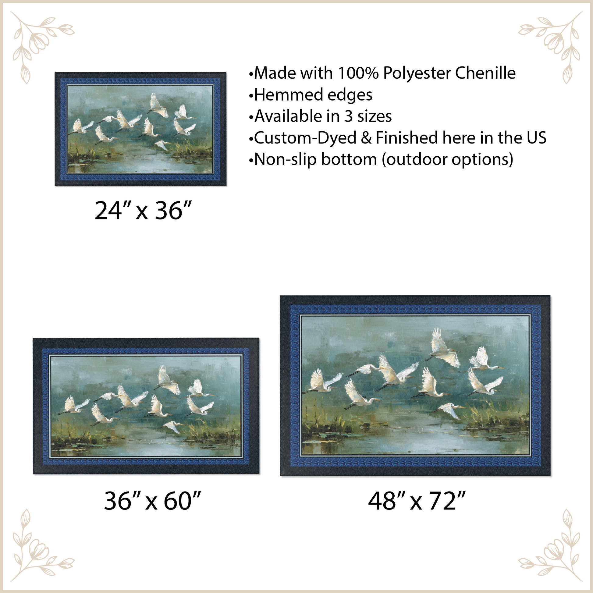 Area Rug of birds flying over water with size options and product details.