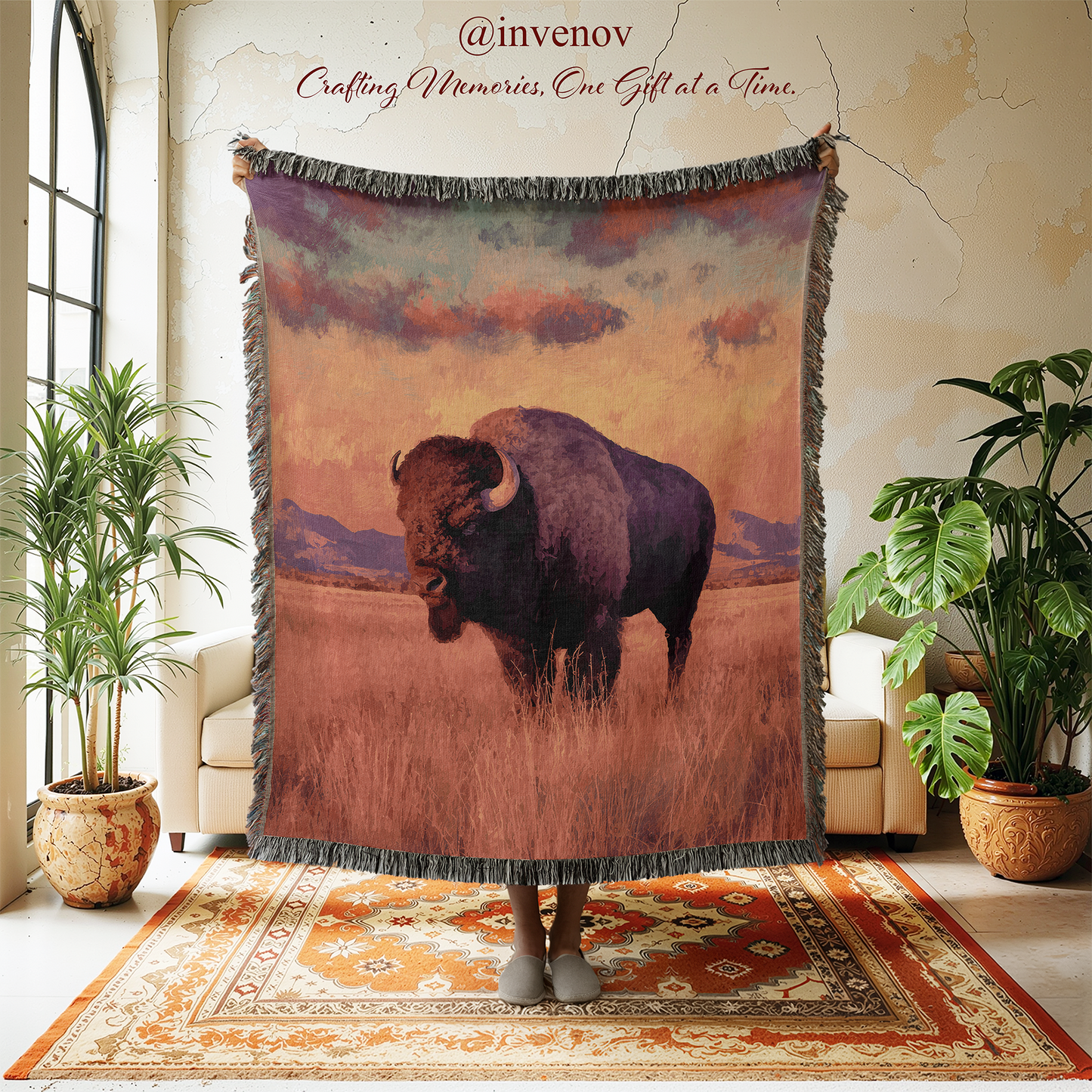 Majestic Bison Woven Throw Blanket, Western Wildlife Art Tapestry, Rustic Cowboy Chic Home Decor, Earthy Purple & Gold Buffalo Lodge Blanket