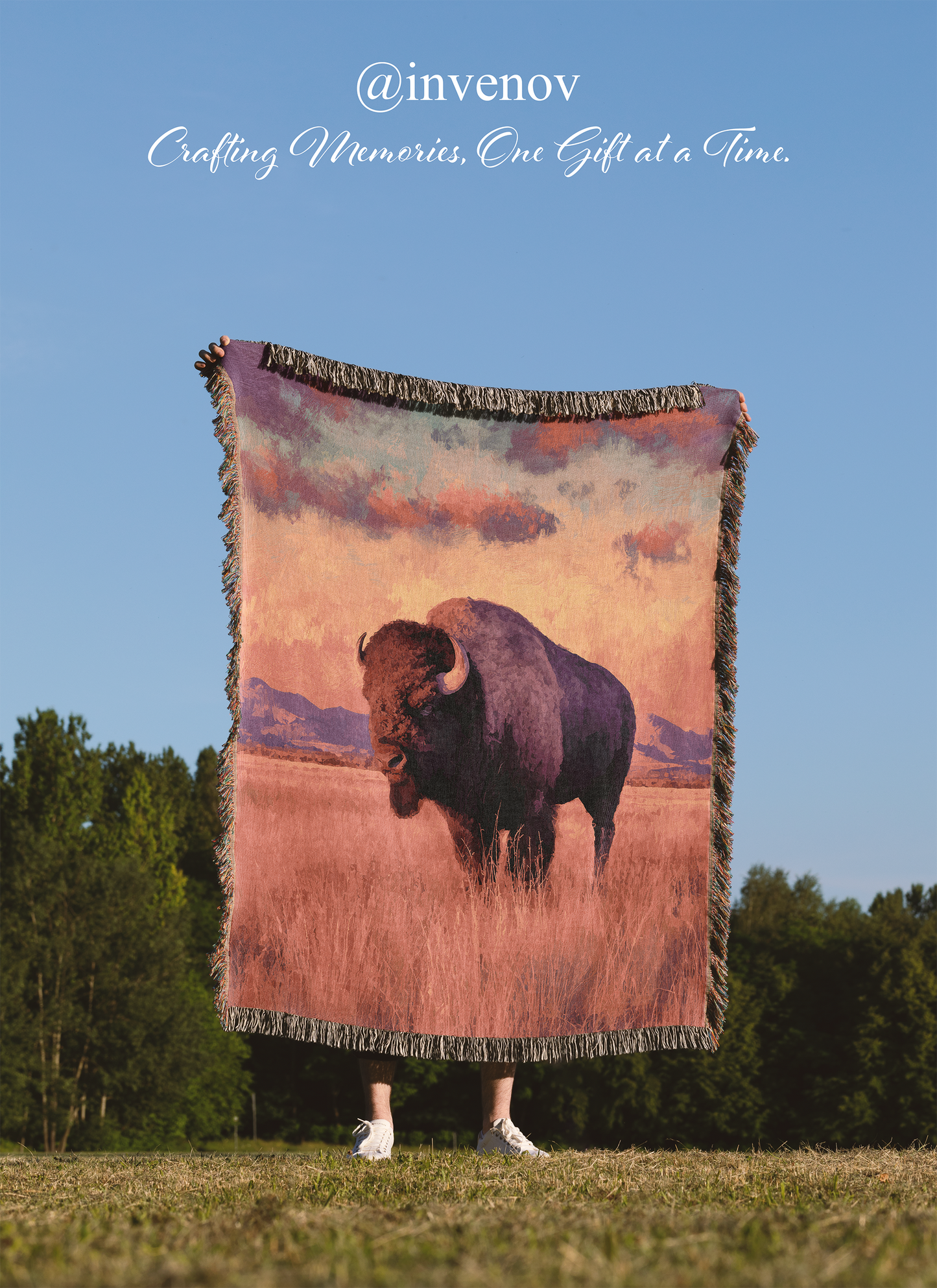 Majestic Bison Woven Throw Blanket, Western Wildlife Art Tapestry, Rustic Cowboy Chic Home Decor, Earthy Purple & Gold Buffalo Lodge Blanket