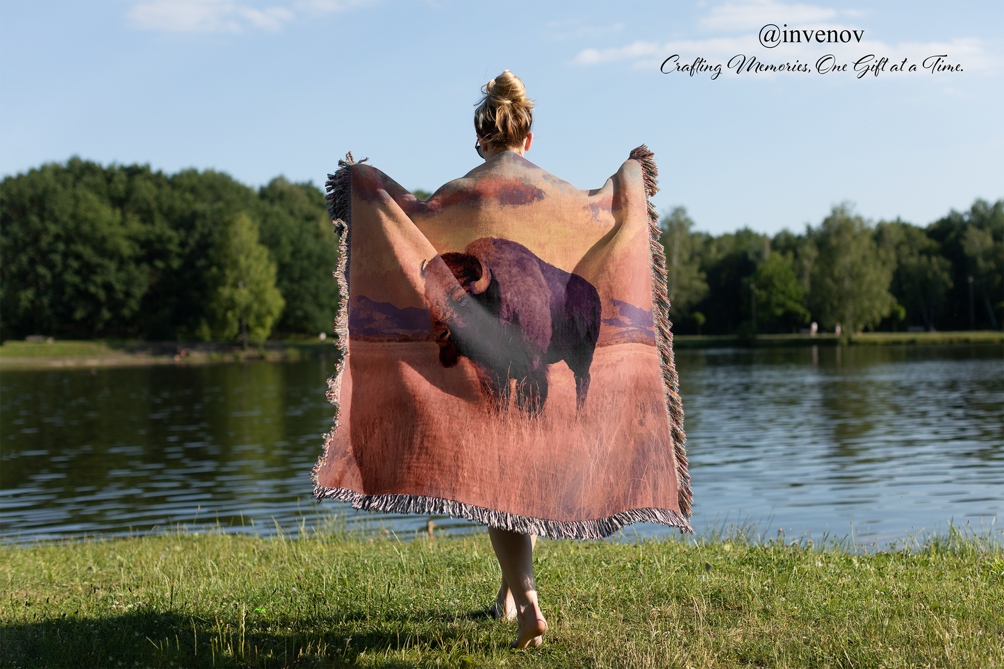 Majestic Bison Woven Throw Blanket, Western Wildlife Art Tapestry, Rustic Cowboy Chic Home Decor, Earthy Purple & Gold Buffalo Lodge Blanket