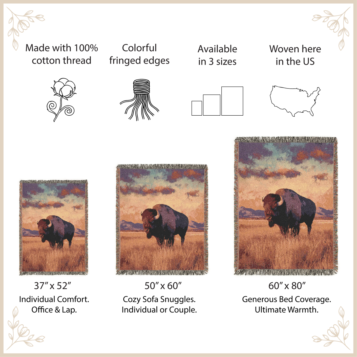 Majestic Bison Woven Throw Blanket, Western Wildlife Art Tapestry, Rustic Cowboy Chic Home Decor, Earthy Purple & Gold Buffalo Lodge Blanket