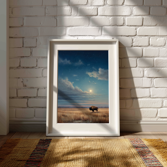 Bison Under Moonlight Wall Art, Western Landscape Canvas or Poster Print, Starry Night Prairie Buffalo Print, Rustic Nature Home Decor