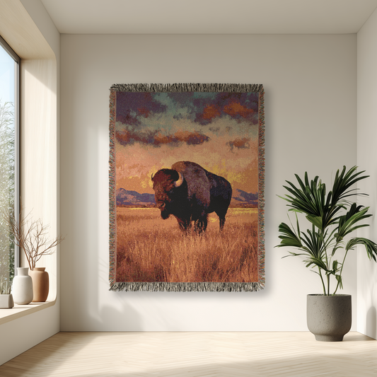 Western Bison Woven Blanket,  Buffalo Sunset Prairie Tapestry Throw, Bison Bed Sofa Decor, Rustic Southwest Home Decor, Nature Lover Gift