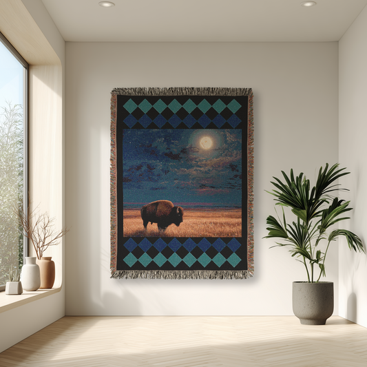 Decorative wall hanging with a buffalo design in a modern room with plants and large windows.