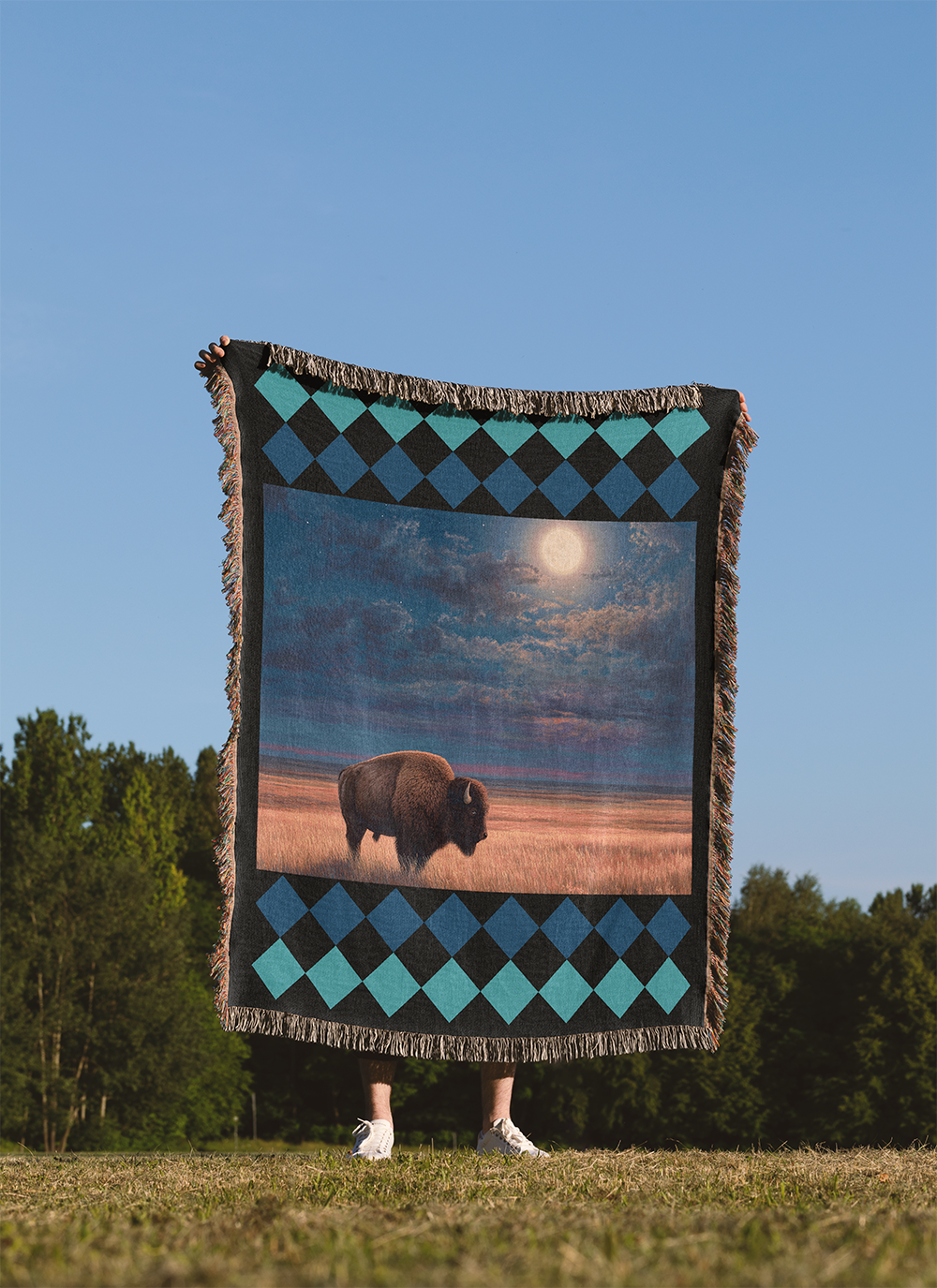 Bison Woven Blanket, Southwestern Tapestry Wall Hanging, Rustic Cabin Decor Jacquard Throw, Full Moon Art, Buffalo Gift for Nature Lover
