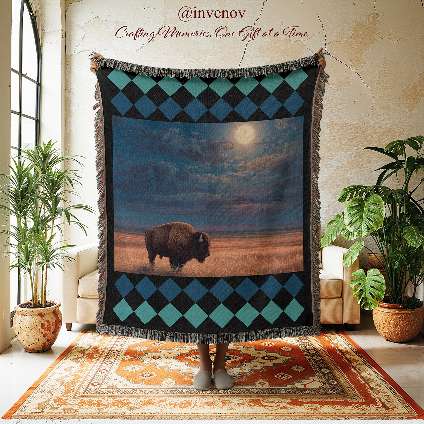 Woven blanket with a buffalo design in a room with plants and furniture.
