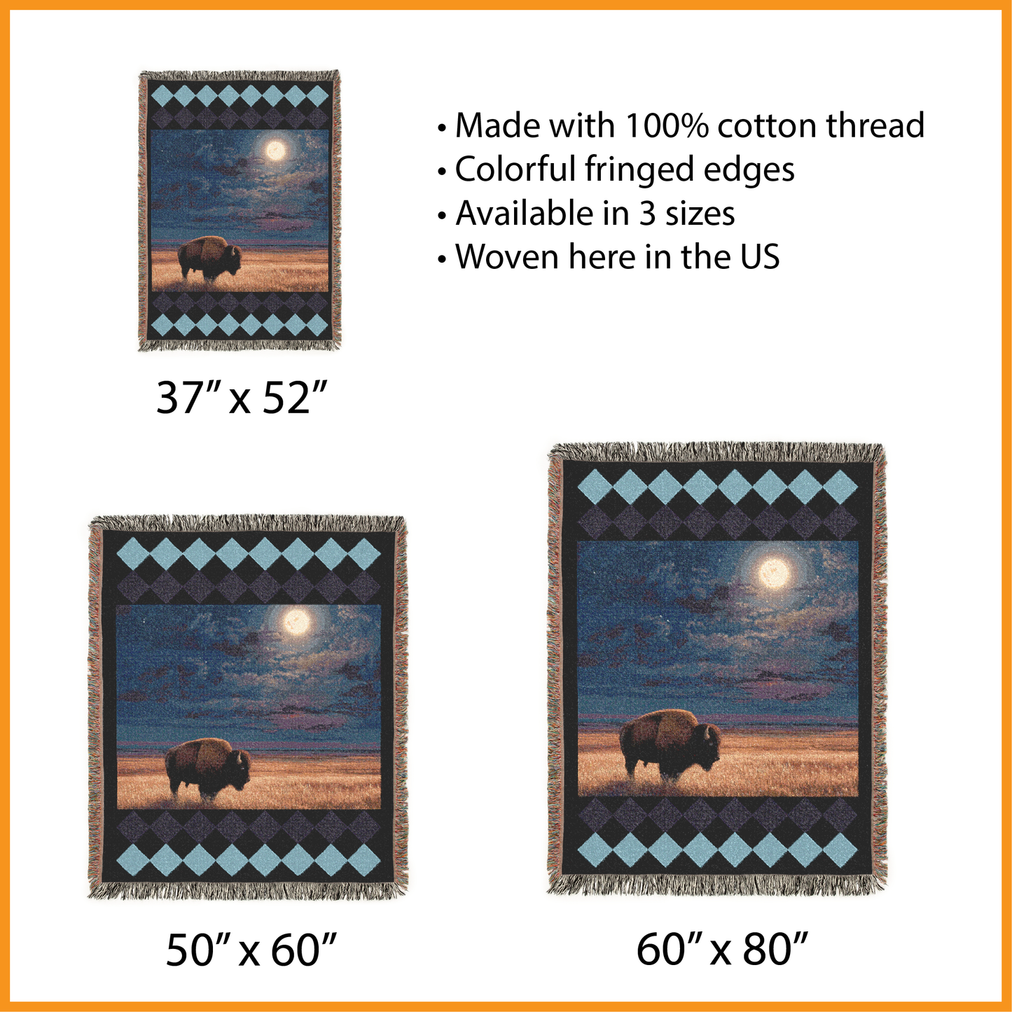 Bison Woven Blanket, Southwestern Tapestry Wall Hanging, Rustic Cabin Decor Jacquard Throw, Full Moon Art, Buffalo Gift for Nature Lover