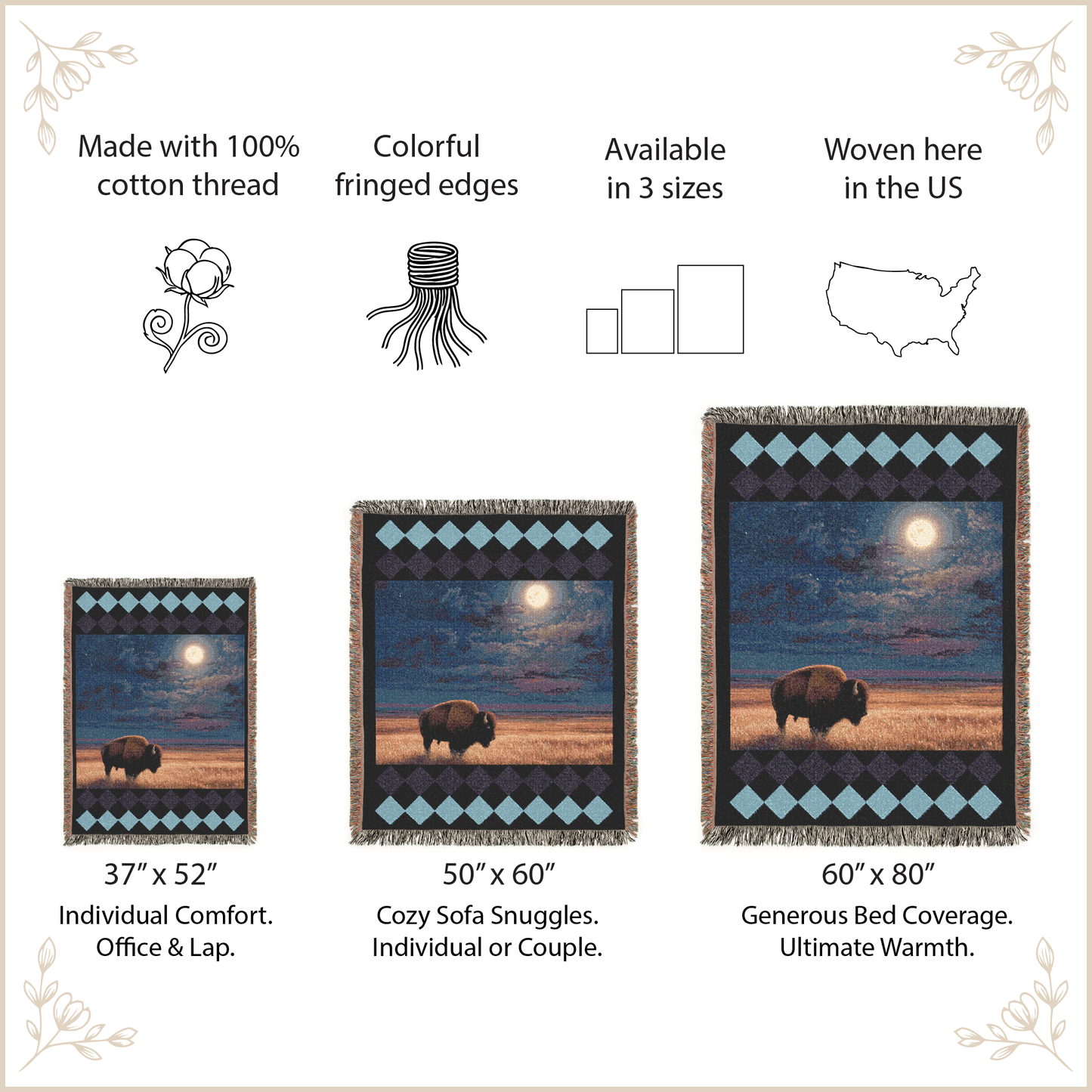 Three woven blankets with bison design and product size information on a beige background.