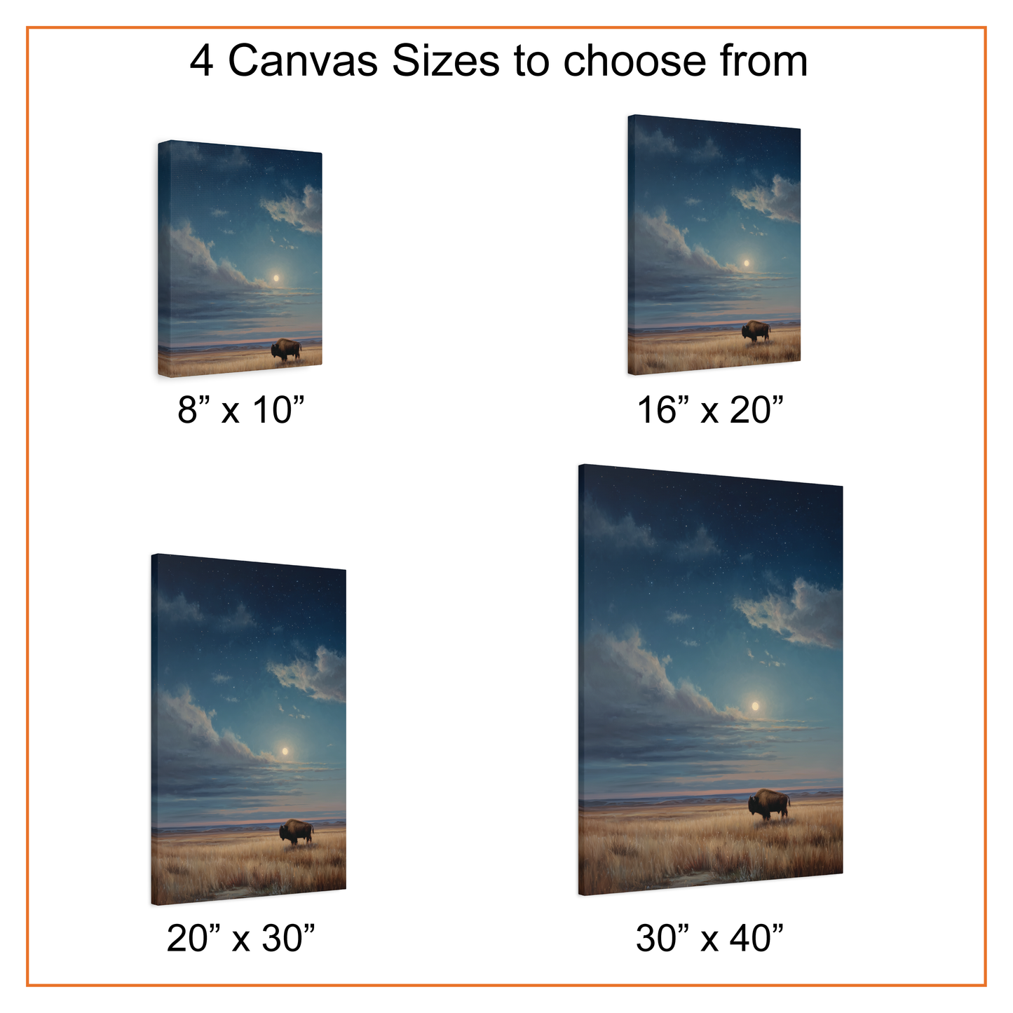 Bison at Night Canvas Print, Starry Sky Western Poster Wall Art, Rustic Cabin Decor, Full Moon Prairie Painting, Buffalo Poster, Nature Gift
