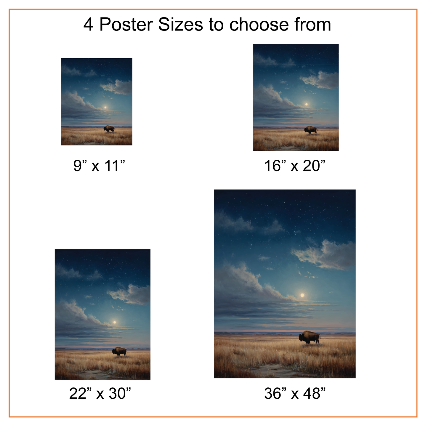 Bison at Night Canvas Print, Starry Sky Western Poster Wall Art, Rustic Cabin Decor, Full Moon Prairie Painting, Buffalo Poster, Nature Gift