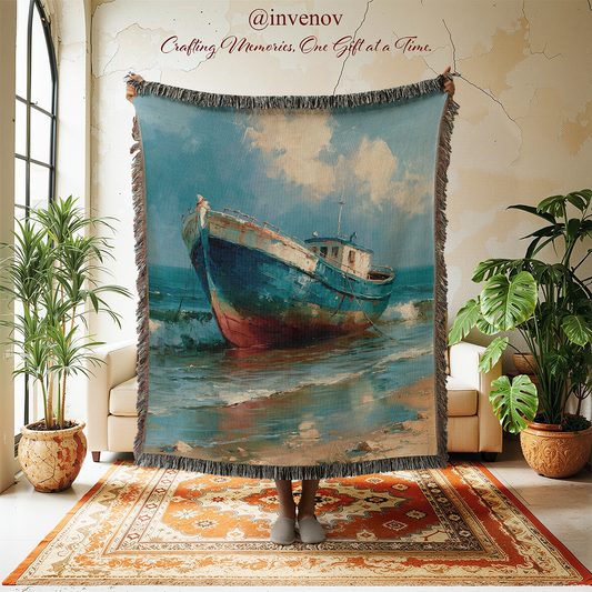 Tapestry with a boat painting in a room with plants and a rug.