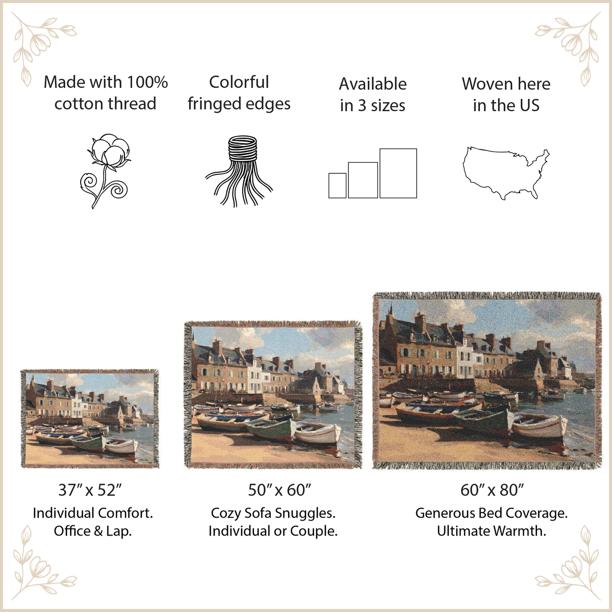 A product information graphic for woven tapestry bedding. It features three size options with labeled dimensions: 37" x 52" (Individual Comfort), 50" x 60" (Cozy Sofa Snuggles), and 60" x 80" (Generous Bed Coverage).