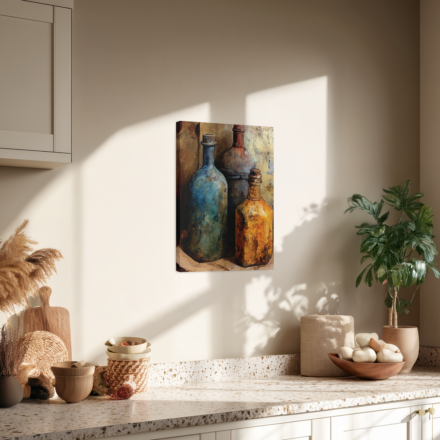 Decorative painting of bottles on a wall above a kitchen counter with various items.