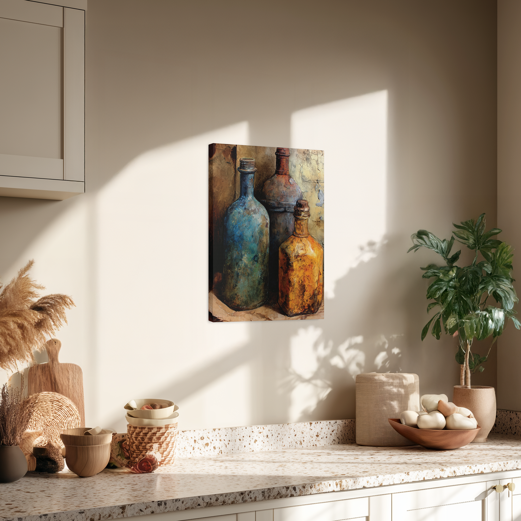 Decorative painting of bottles on a wall above a kitchen counter with various items.
