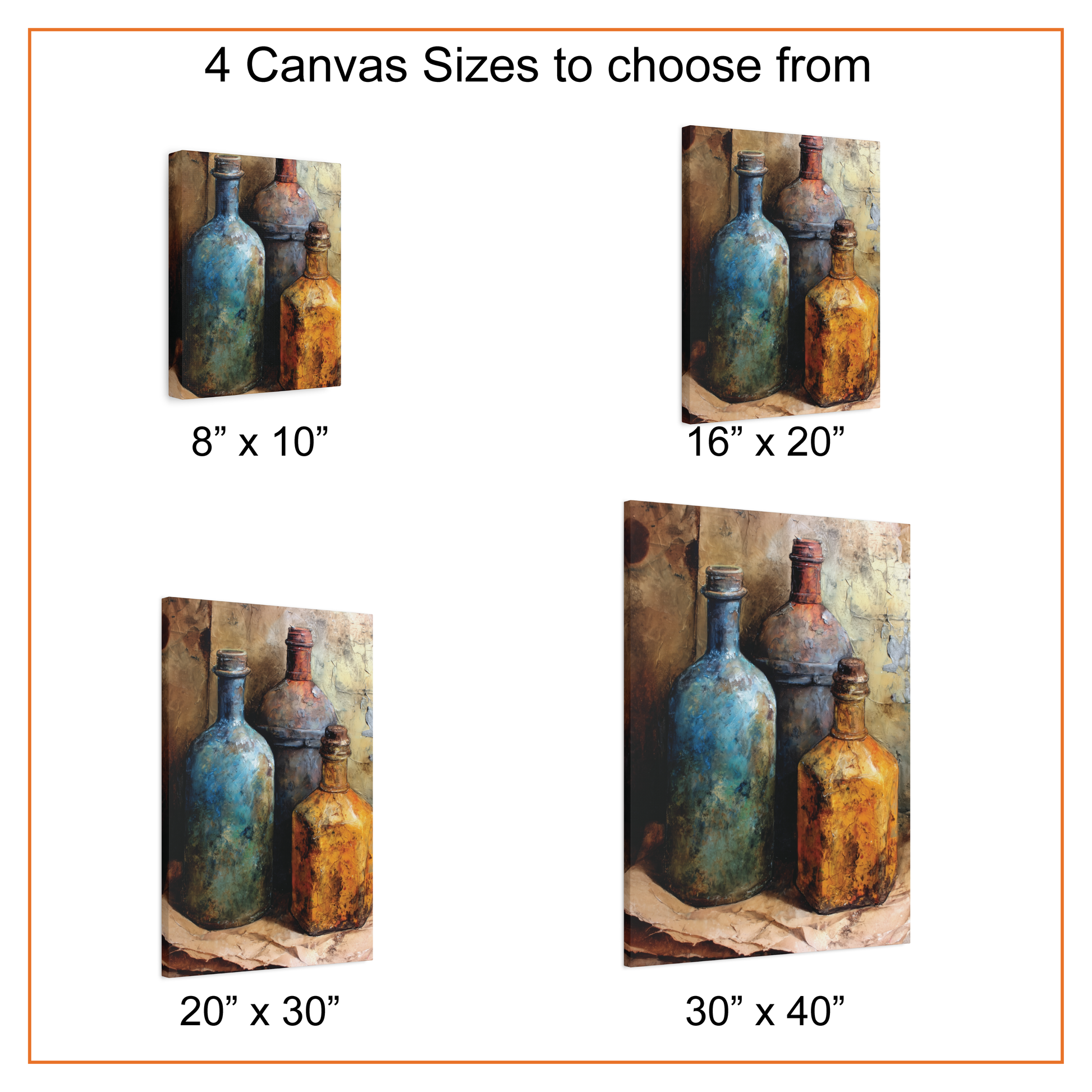Canvas prints of bottles with available sizes displayed.