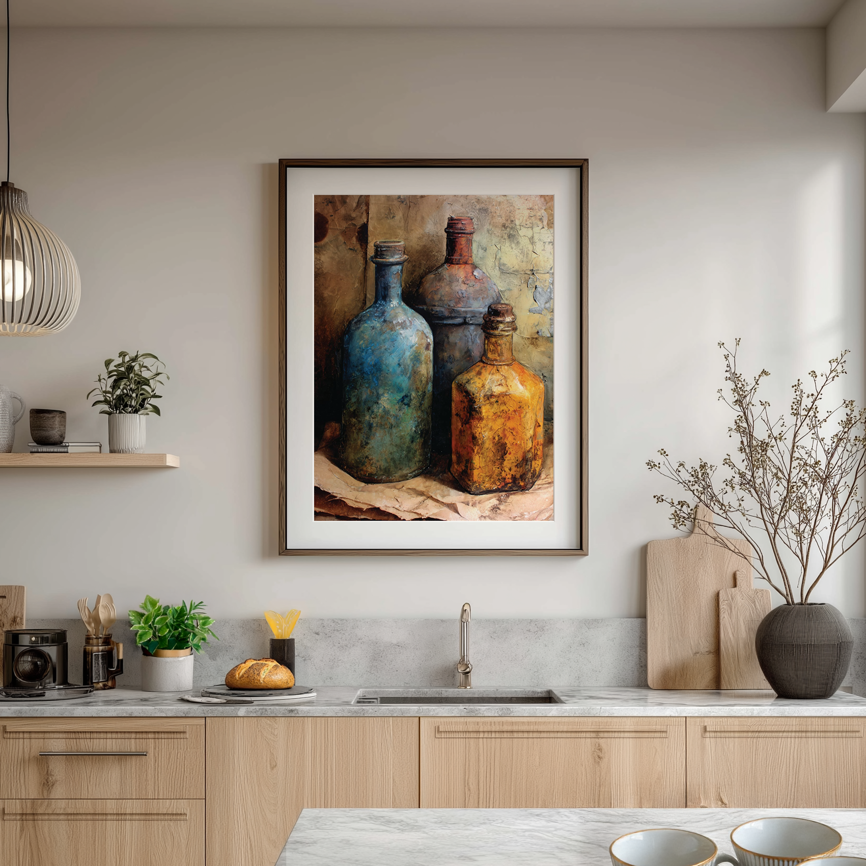 Framed artwork of bottles in a kitchen setting with neutral tones.