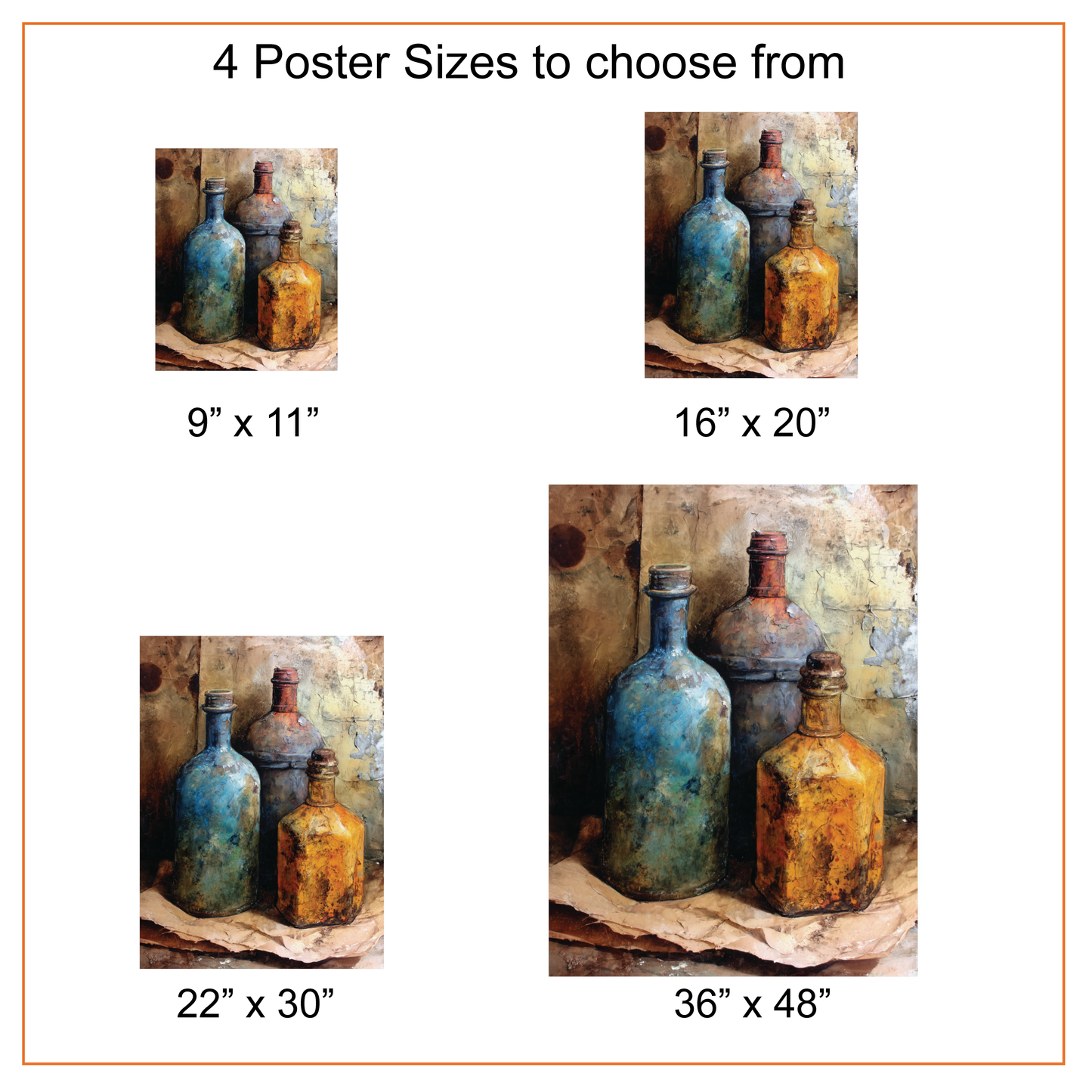 Poster size options with still life painting of bottles.